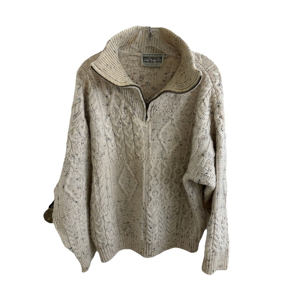 Aran Sweater Market Mens 1/4 Zip Mock Cream Irish 100% Wool Cable Knit Med